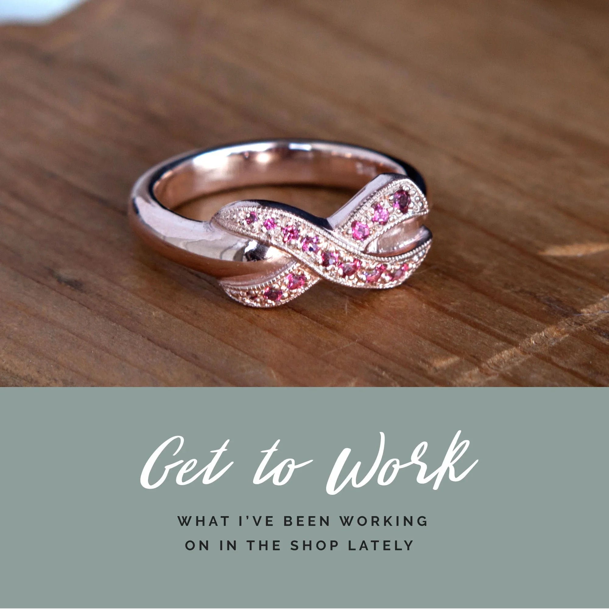 Close-up of gold twisted infinity ring with small pink gemstones, natural wood background, warm light