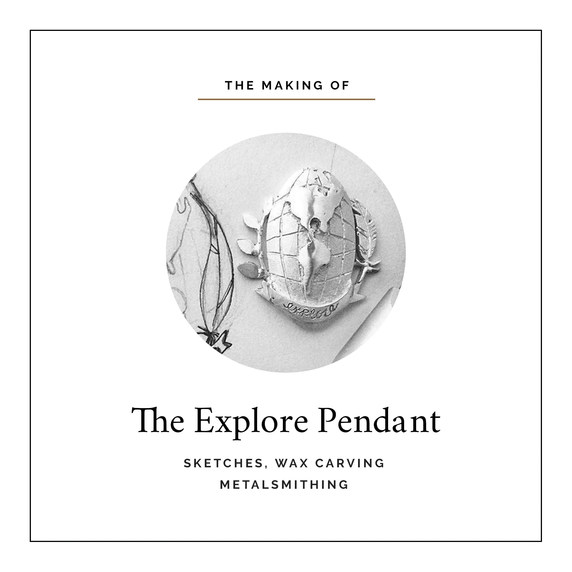 Close-up of silver wax model explore pendant with world map and leaf details, artisan sketch background