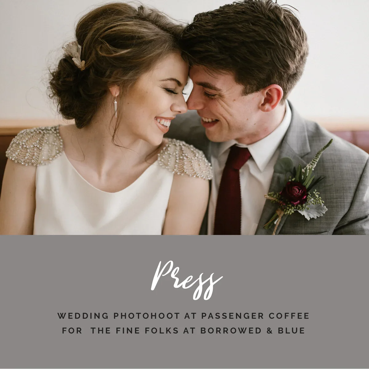 Intimate close-up of bride and groom leaning foreheads, bride in embellished dress, groom in suit with boutonniere, warm natural light