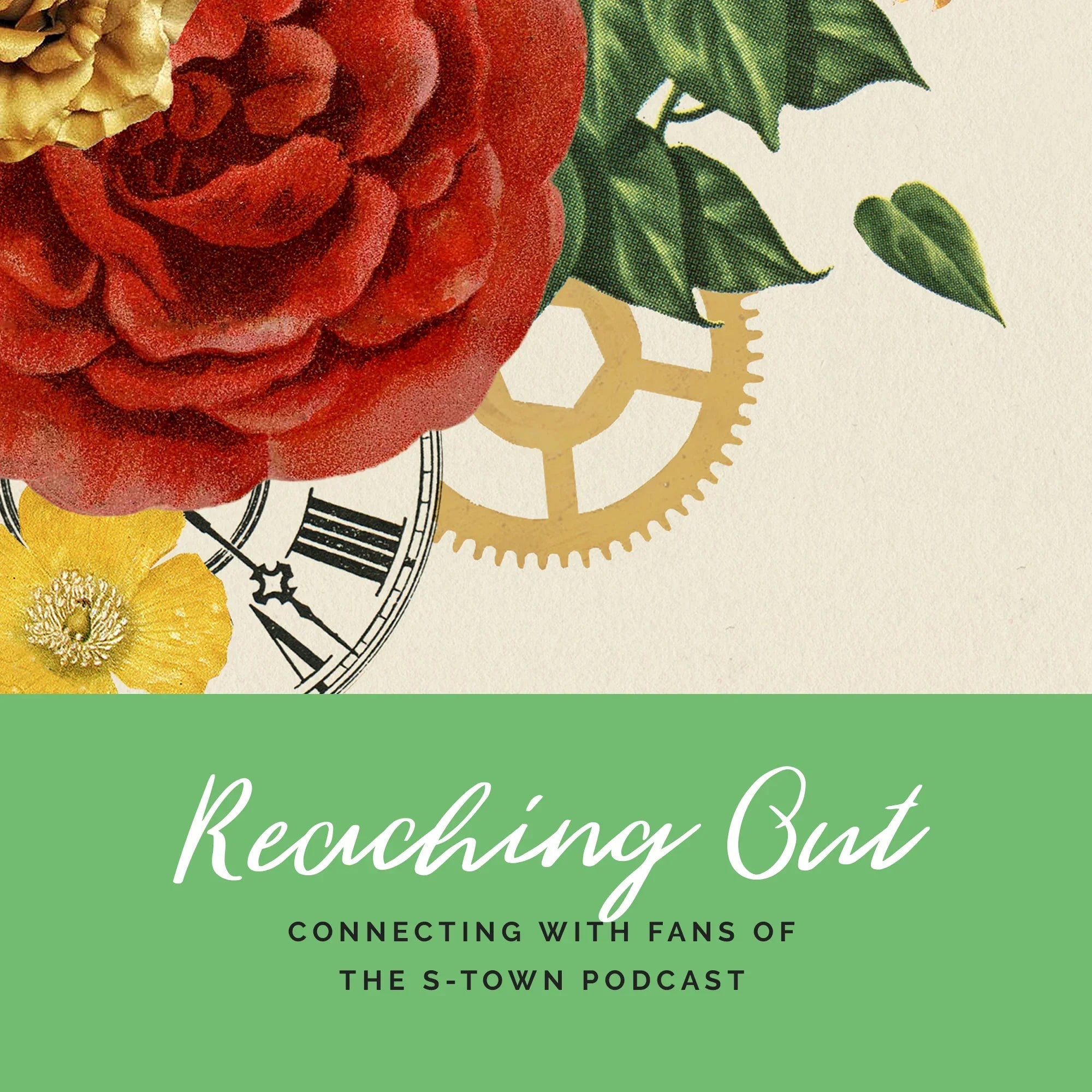 Artistic design with red and yellow flowers, clock face, and gold gear on cream background