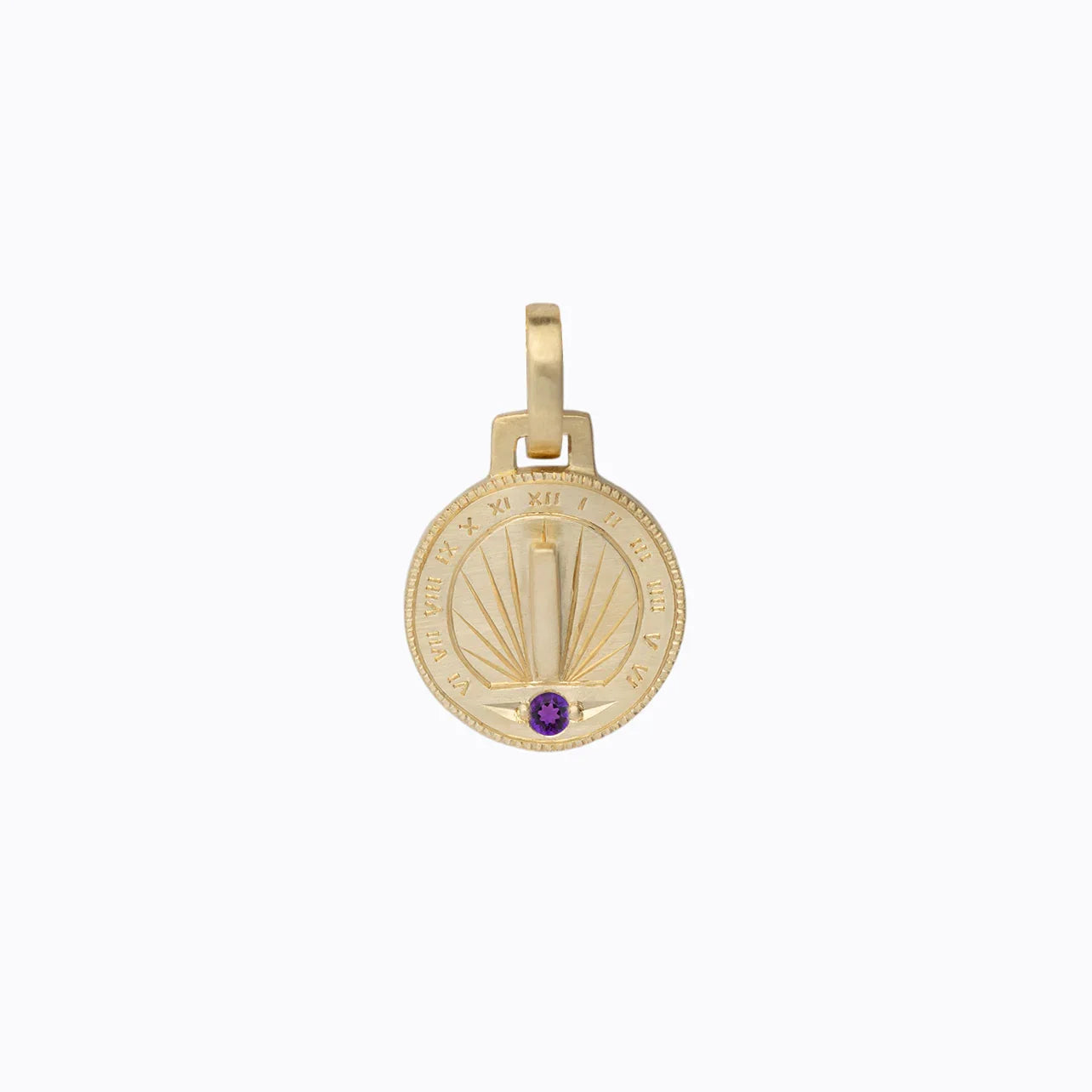 Handcrafted Fairmined gold sundial pendant with hand-engraved Roman numerals and amethyst gem on soft grey background