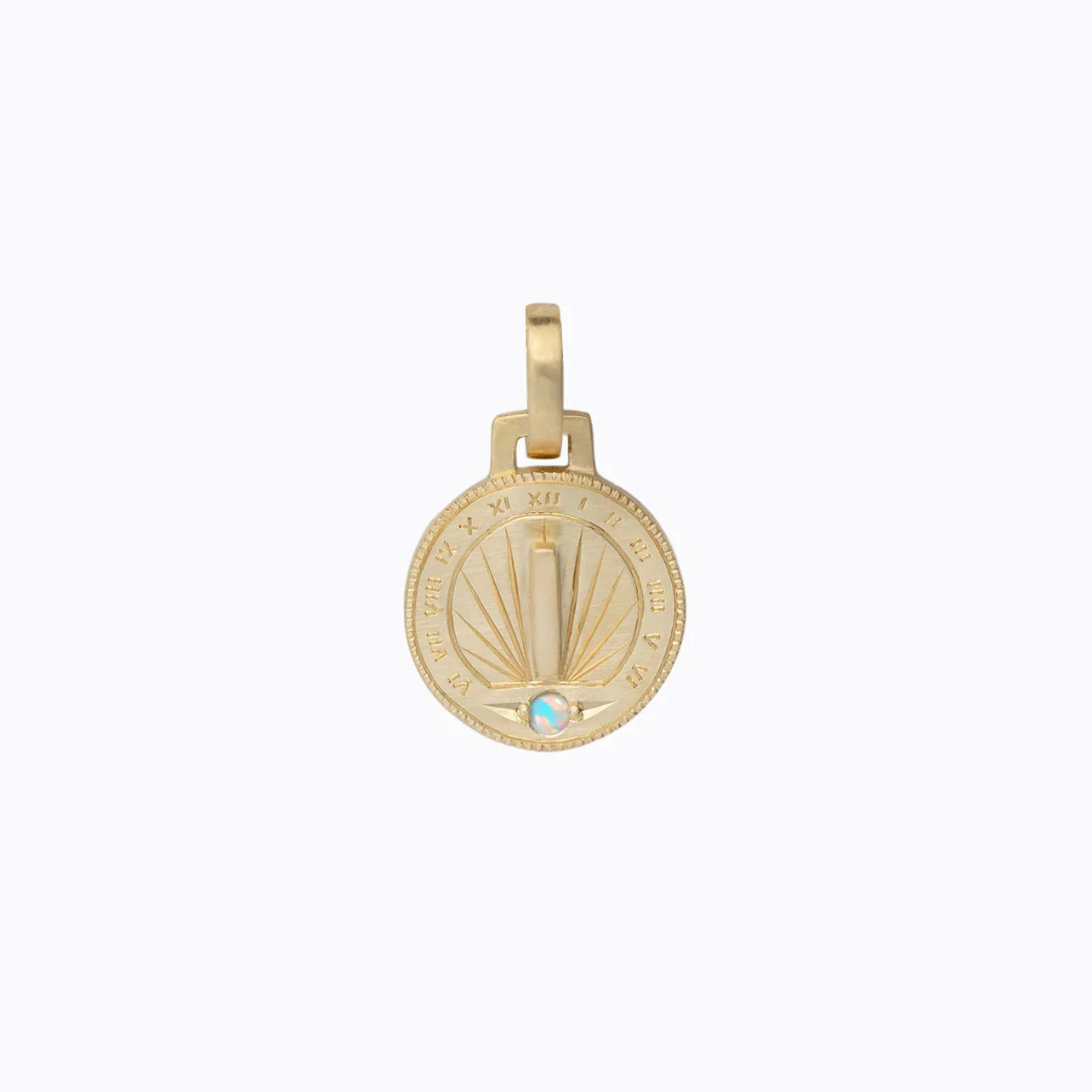 Hand-fabricated 14k gold sundial charm pendant with hand-engraved Roman numerals and opal accent on white background