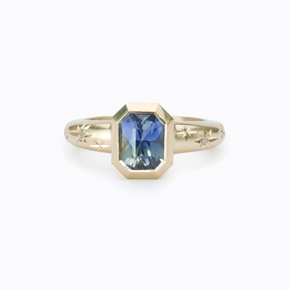 Cosmic Ring 2.70ct Radiant Sapphire – 14K gold with diamonds, Melissa Scoppa
