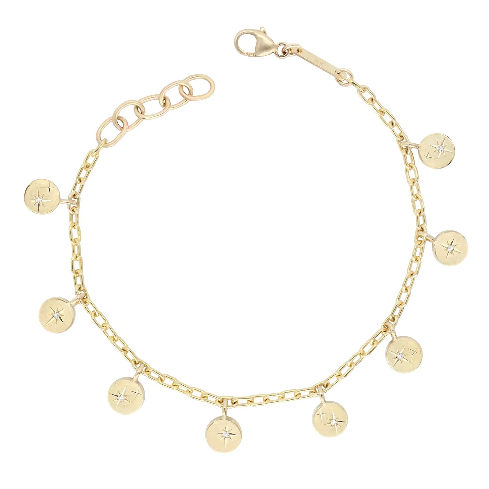 Gold bracelet with eight engraved star charms each set with tiny diamonds, photographed on white background
