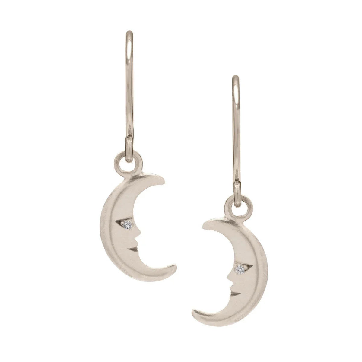 Hand-fabricated silver moon phase earrings with diamond accents, minimalist white background