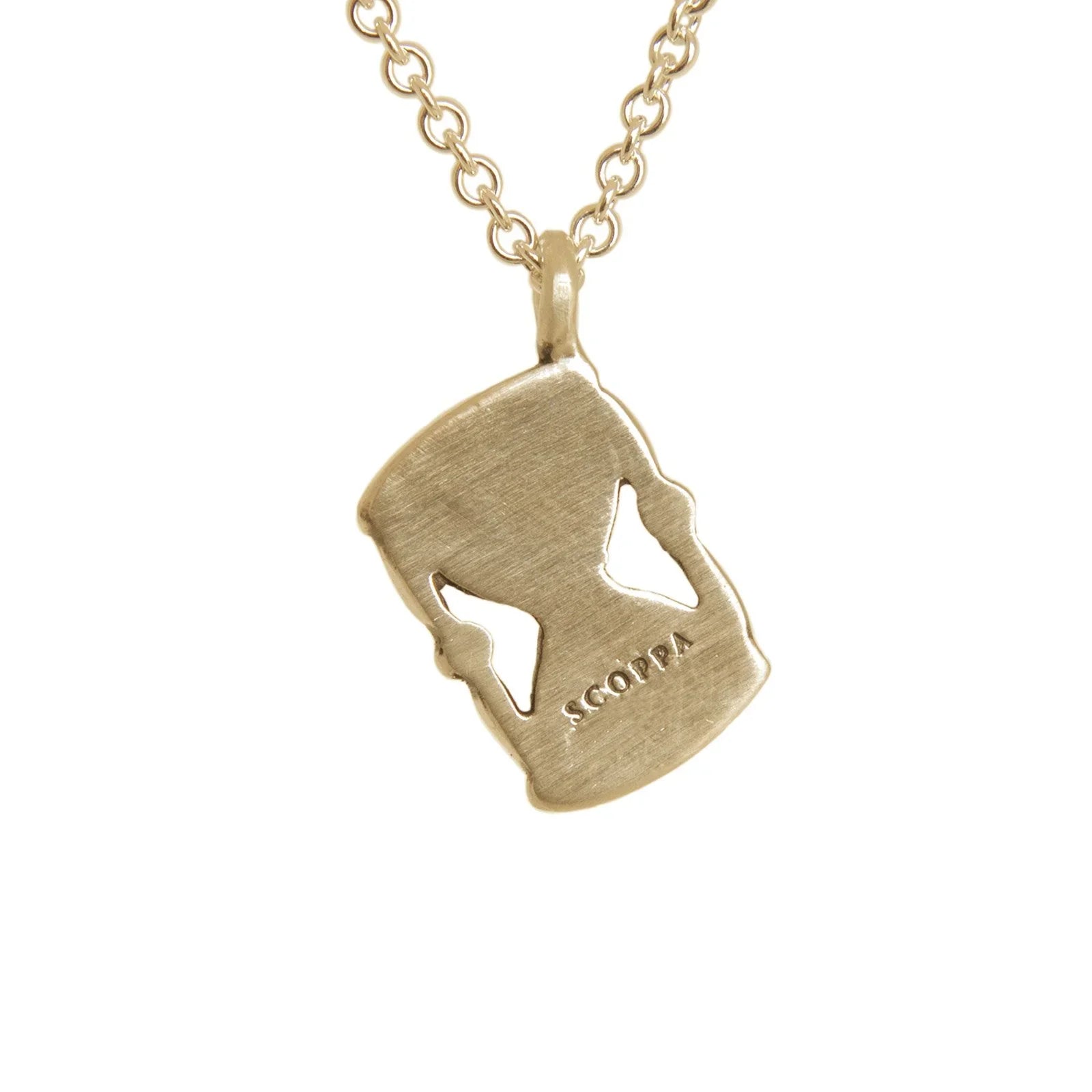 Handcrafted gold hourglass pendant with brushed finish, minimalist white background