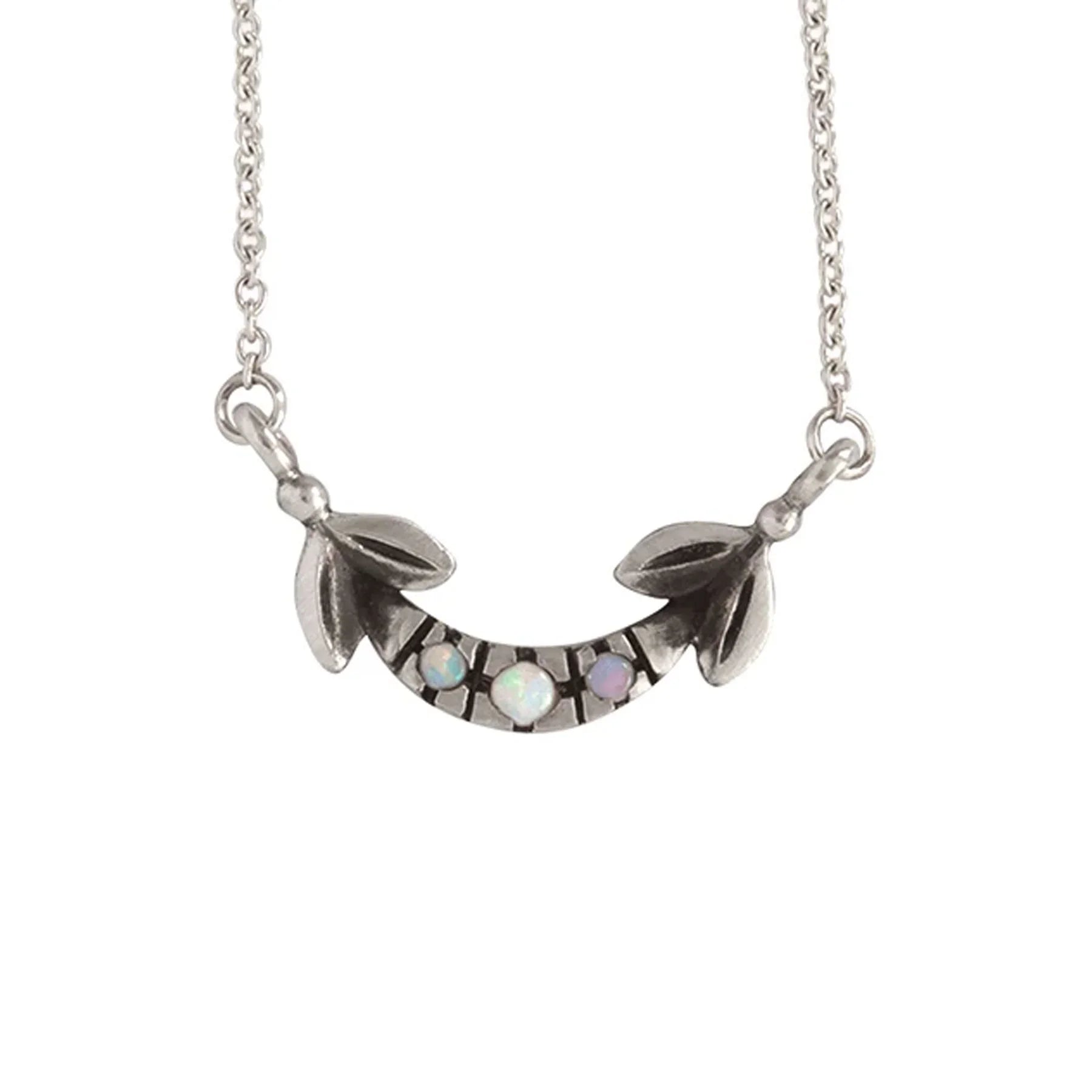 Handcrafted silver necklace with three small round opal stones and leaf details on chain
