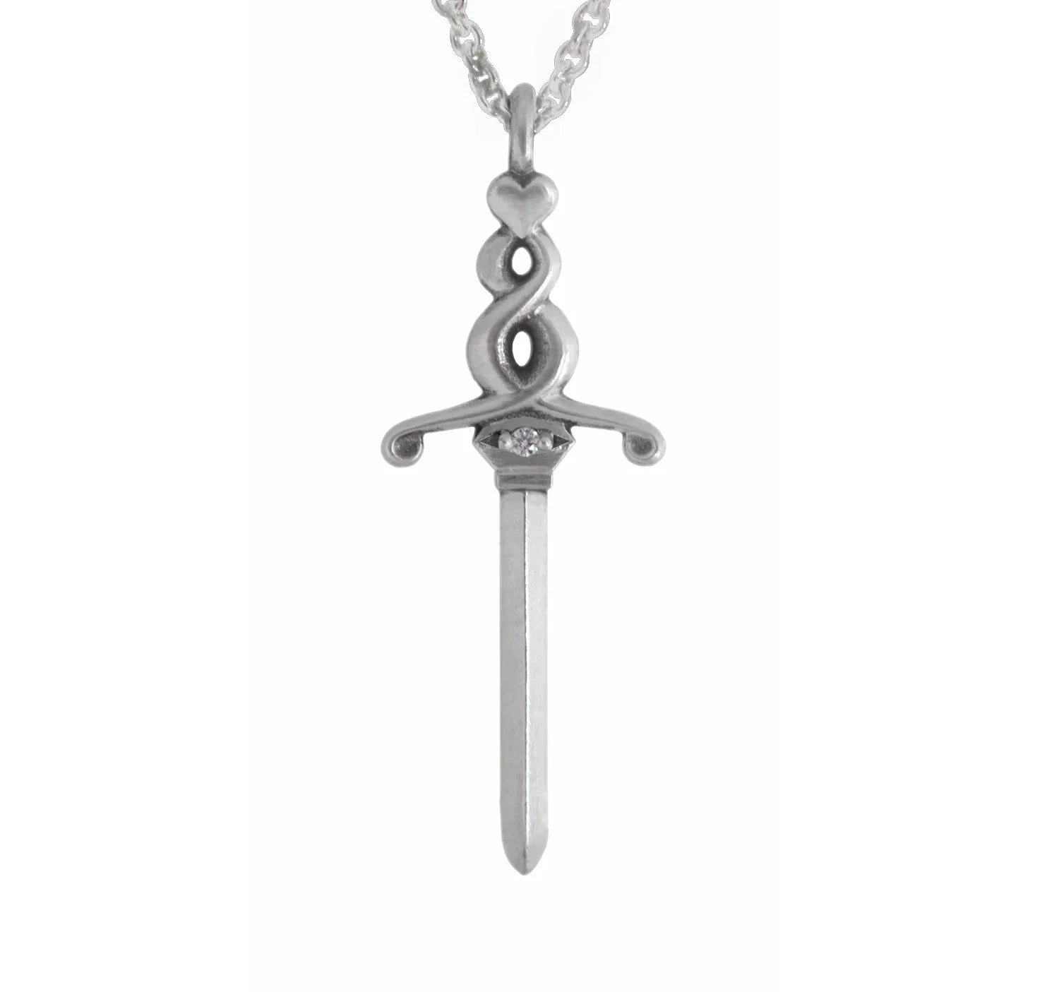 Elegant silver sword pendant with tiny diamond accent, minimalist white background