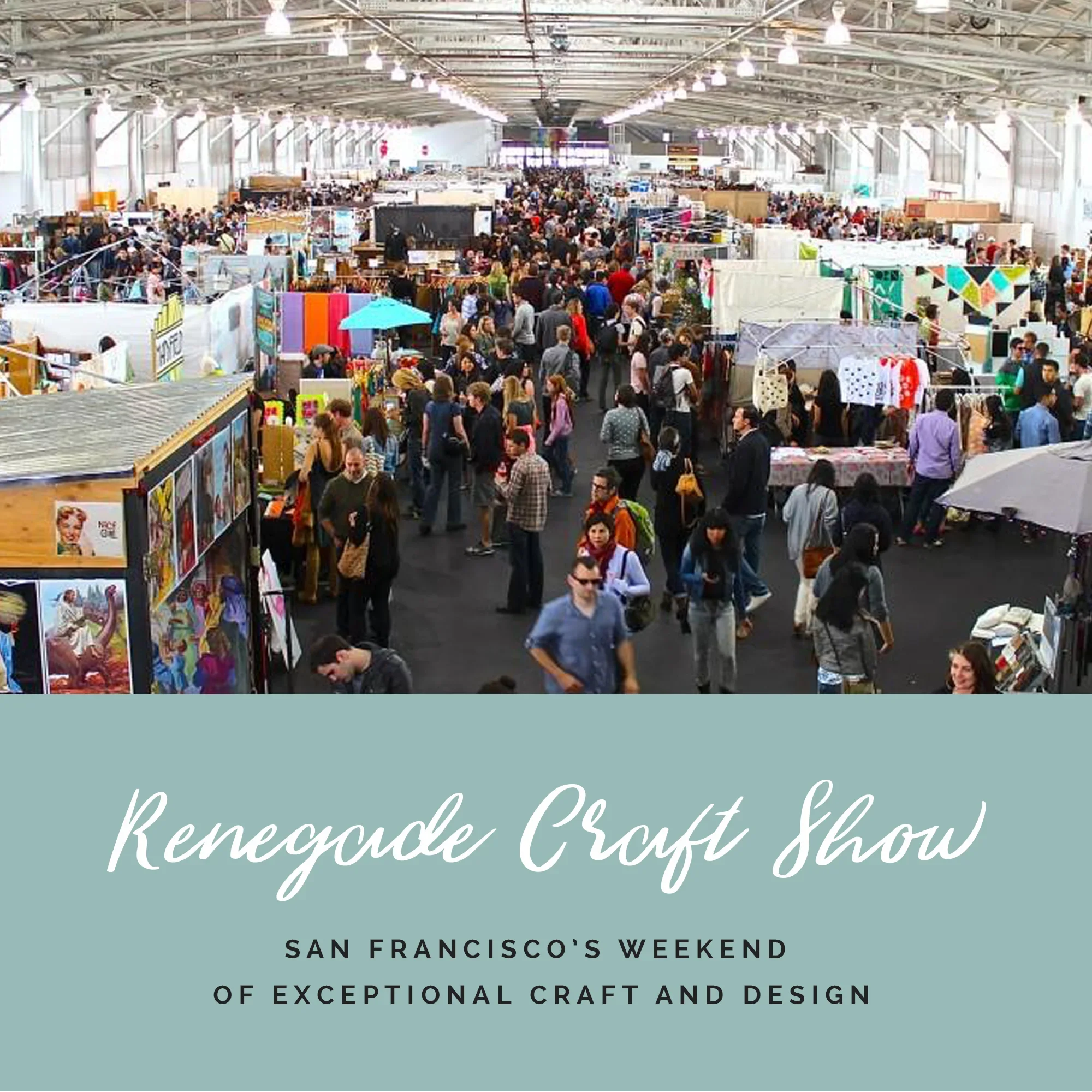Crowded indoor Renegade Craft Show with booths and shoppers under bright industrial lighting